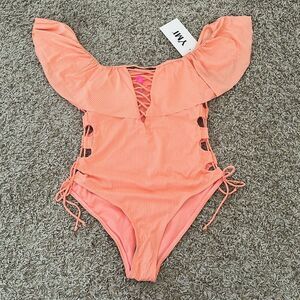 NWT YMI ONE PIECE BLACK SWIMSUIT Ribbed Ruffle Laced Sides